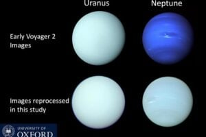 Voyager 2/ISS images of Uranus and Neptune released shortly after the Voyager 2 flybys in 1986 and 1989, respectively, compared with a reprocessing of the individual filter images in this study to determine the best estimate of the true colours of these planets.