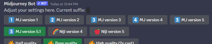 Settings menu in Midjourney Discord with V5.1 enabled