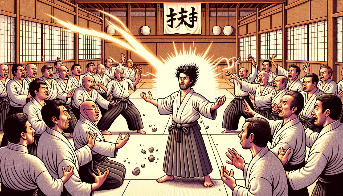 Create a 16:9 format illustration that humorously depicts the concept of "bullshido," focusing on martial artists who falsely believe they have mastered chi manipulation. The scene shows a dojo filled with martial artists in traditional attire, striking exaggerated poses and attempting to demonstrate their mastery of chi with over-the-top gestures, such as directing energy blasts at inanimate objects, which comically have no effect whatsoever. Their serious expressions contrast with the absurdity of their actions, highlighting their misplaced confidence. The background features traditional dojo elements, like tatami mats and hanging scrolls with nonsensical symbols, to emphasize the parody of genuine martial arts practice.