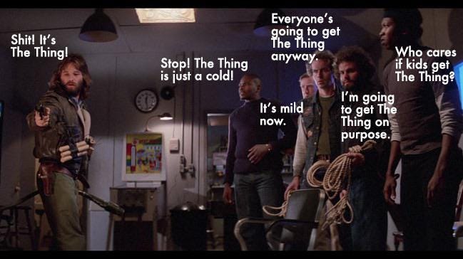 A meme of The Thing (1987) film with all of the characters trying to tell Kurt Russel to embrace the alien creature.