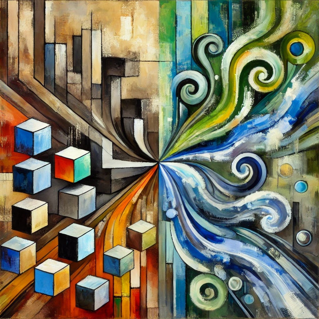 An abstract and playful painting representing the clash between traditional media and content creators. The central focus is two abstract forces—one representing the old media, symbolized by rigid, blocky shapes, and the other representing creators, symbolized by fluid, organic shapes in bright, dynamic colors. The background features muted shades of green, blue, brown, and black, creating a sense of transformation and disruption. The composition should feel energetic, with visible brushstrokes adding texture and tension, highlighting the contrast between the two forces.