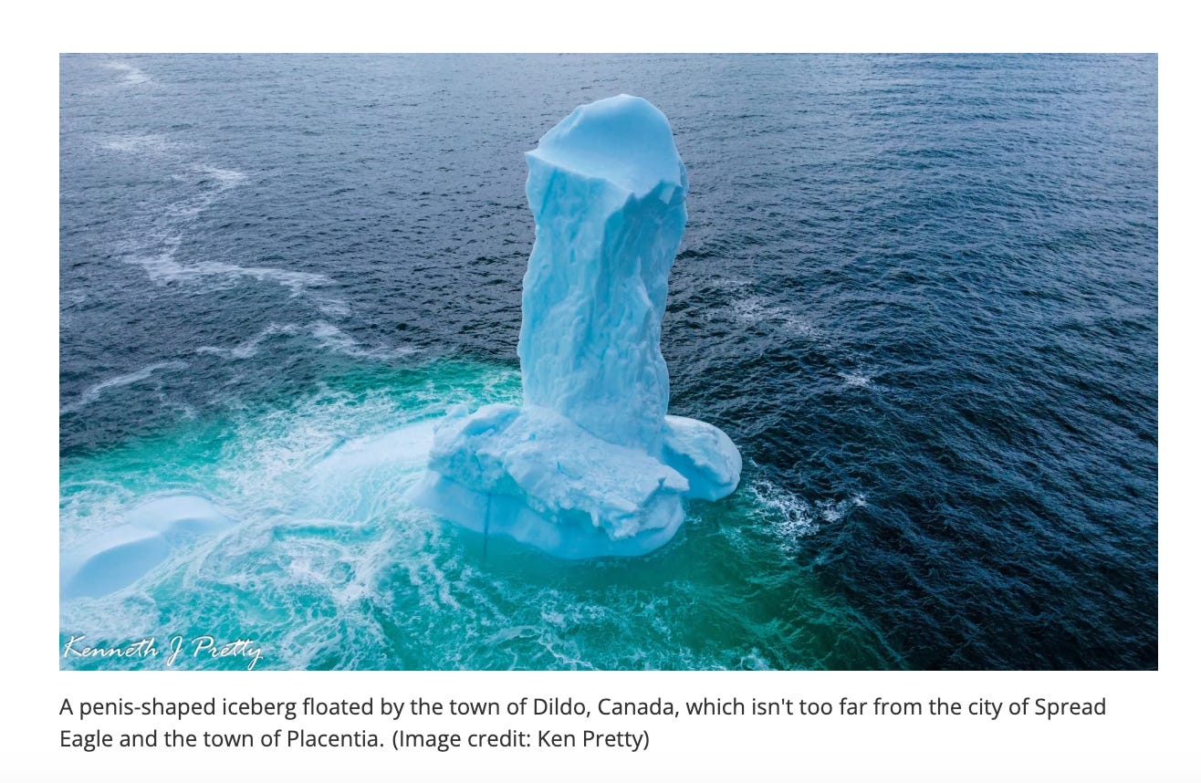 A penis-shaped iceberg floating off the coast of Dildo, Canada