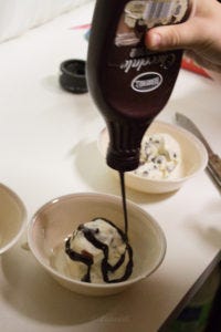 Chocolate syrup seemed a natural addition to the Mint choc. Chip Ice Cream. 