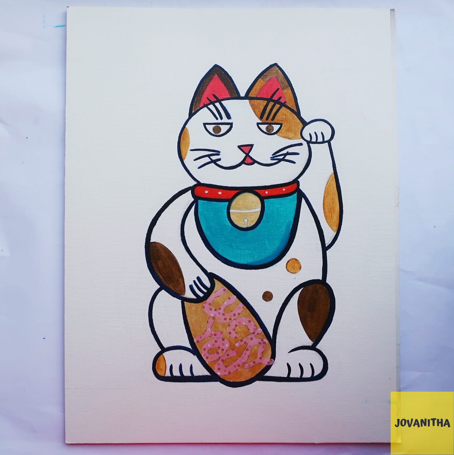 An oil painting of a tricoloured lucky cat