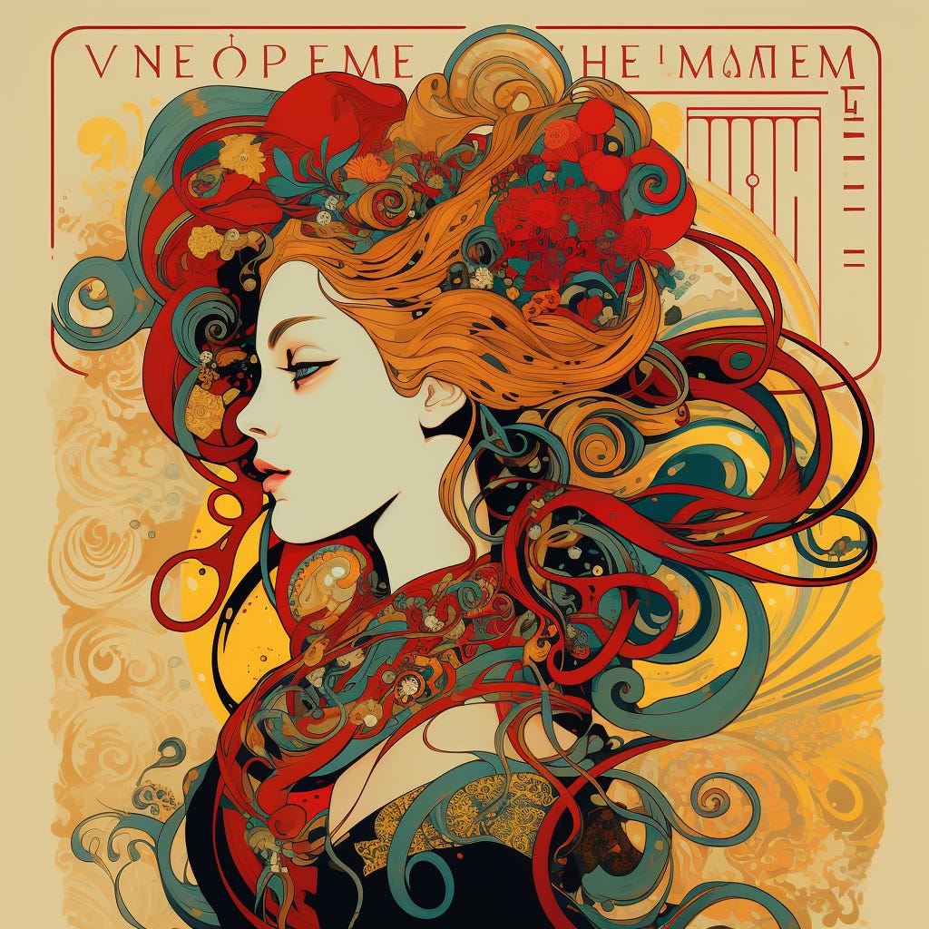 Art Nouveau style poster with a pretty woman in profile with wild multicoloured strands forming hair and tumbling down from her head