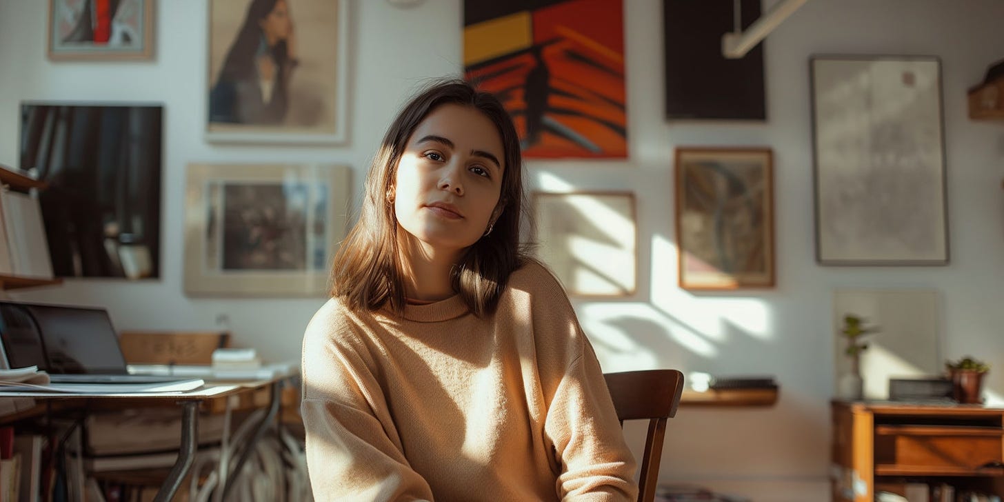 Contemplative Woman in Artistic Room