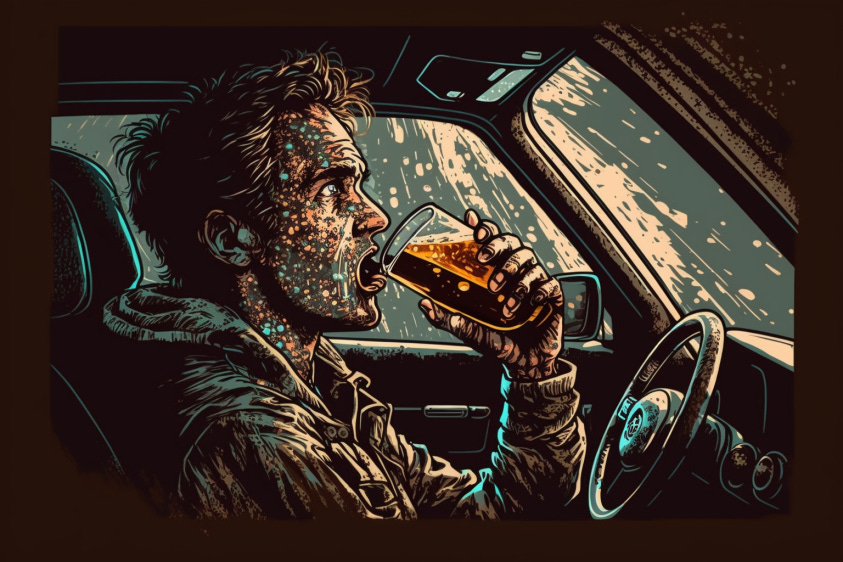 An Ai-generated image of a maniac drinking and driving