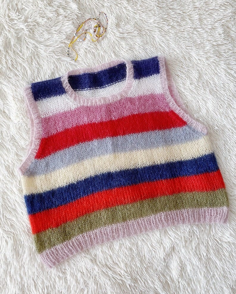 Vintage style striped vest Mohair women sweater vest Boho striped colorful striped vest Mohair women boho vest Hand knitted striped vest image 1
