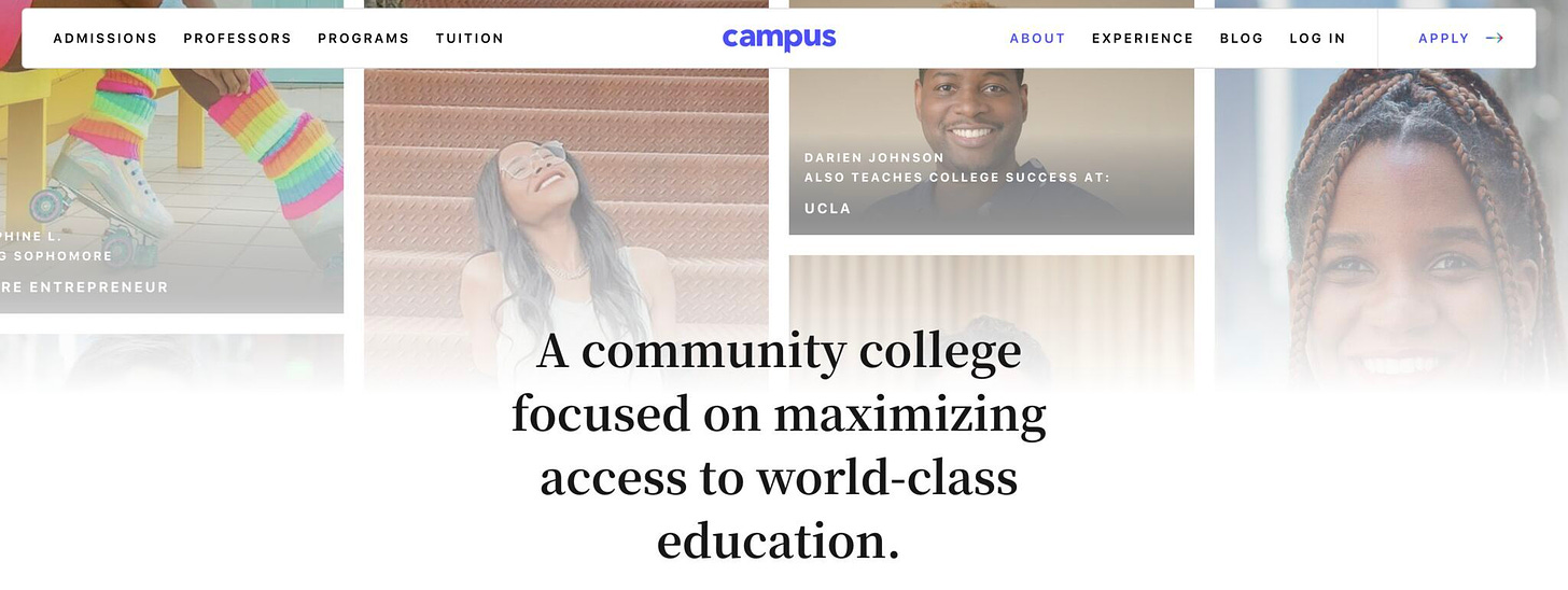 A glimpse at the faces of students and instructors at Campus.edu with the phrase, "A community college focused on maximizing access to world-class education." as an overlay.