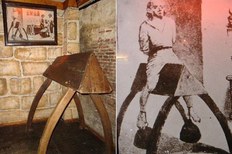 The Wooden Horse/Spanish Donkey was a Medieval torture device believed to  have been used between the 16th & 18th centuries. The prisoner would sit on  the "horse" sometimes covered with spikes, &