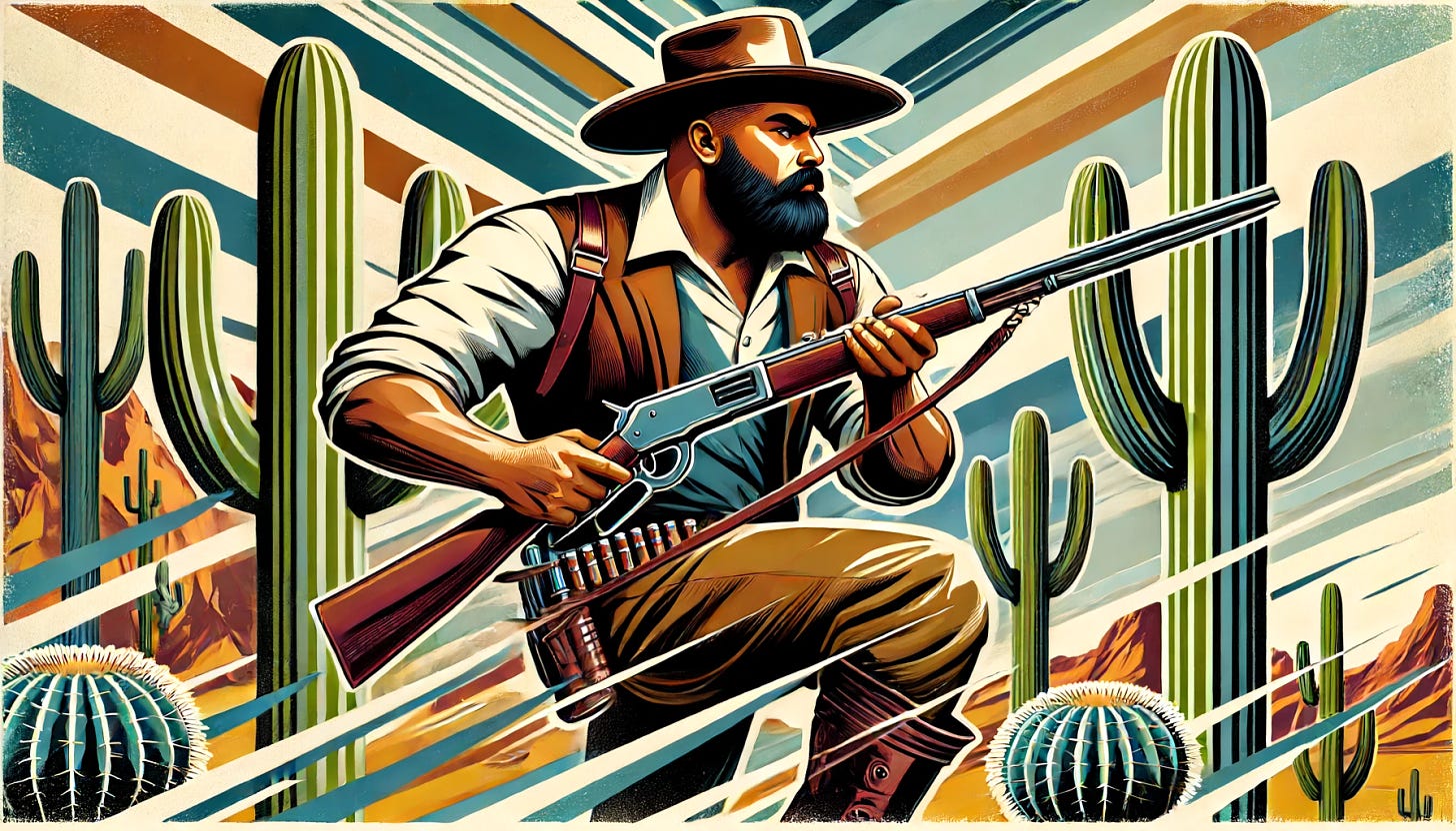 A burly Indian man with a heavier build, bushier beard, and darker skin, dressed in cowboy attire and holding a rifle behind his head. He is surrounded by cacti. The image is stylized with Italian Futurist elements, featuring dynamic lines, bold geometric shapes, and vibrant colors. The man's cowboy outfit includes a wide-brimmed hat, leather vest, boots, and jeans. The background has abstract, angular representations of the cacti and desert landscape, with a sense of motion and energy typical of Italian Futurism.