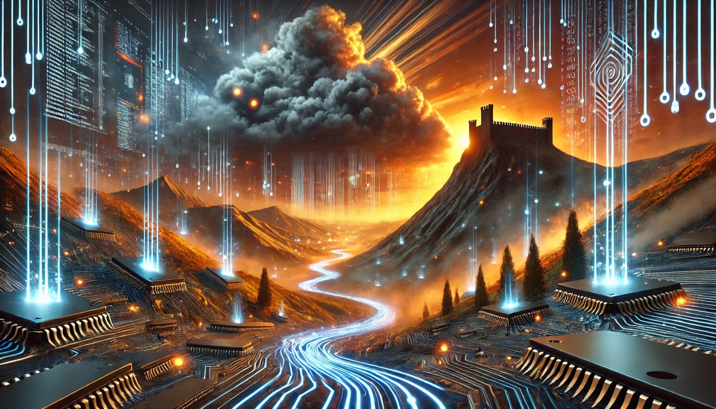 A dramatic landscape depicting a surreal cyber environment. The scene features rolling hills made of circuit boards and computer chips, with streams of binary code flowing like rivers. In the distance, a digital fortress stands atop a mountain, surrounded by a mist of glowing data particles. The sky is filled with swirling, stormy clouds that resemble firewalls, while beams of light resembling data breaches pierce through. The setting is vibrant but slightly ominous, emphasizing the theme of local file inclusion vulnerabilities in AI security.