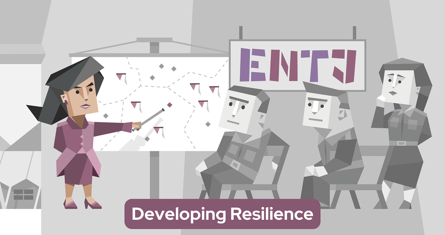 A female ENTJ professional stands in front of a strategic planning board. She wears a purple outfit and is holding a pointer, gesturing towards various diagrams and symbols on the board. Three grayscale colleagues watch attentively, two sitting men and one standing woman. Behind them, the letters "ENTJ" are prominently displayed on a sign.