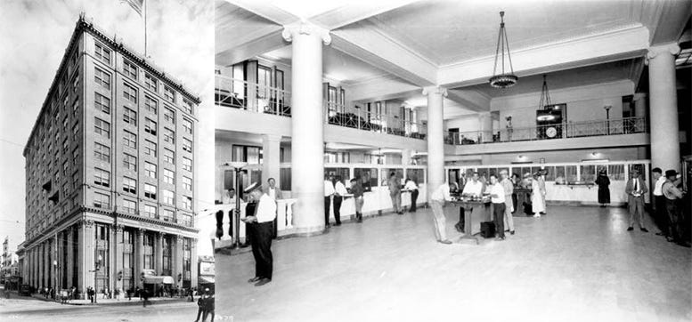 Figure 3: Exterior and interior of the First National Bank building at 111 East Flagler Street in downtown Miami. 