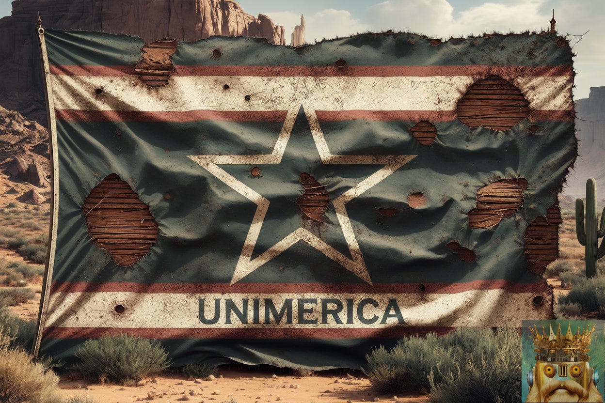 THE BATTERED, BELEAGUERED, ARMOURED BATTLE FLAG OF UNIMERICA, THE MOST MILITARISTIC NATION EVER IMAGINED