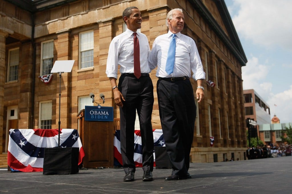 Presumptive Democratic Presidential candidate U.S. Sen. Barack Obama (D-IL) takes to the stage with his Vice Presidential pick Sen. Joe Biden (D-DE) at the Old State Capitol August 23, 2008 in Springfield, Illinois. 