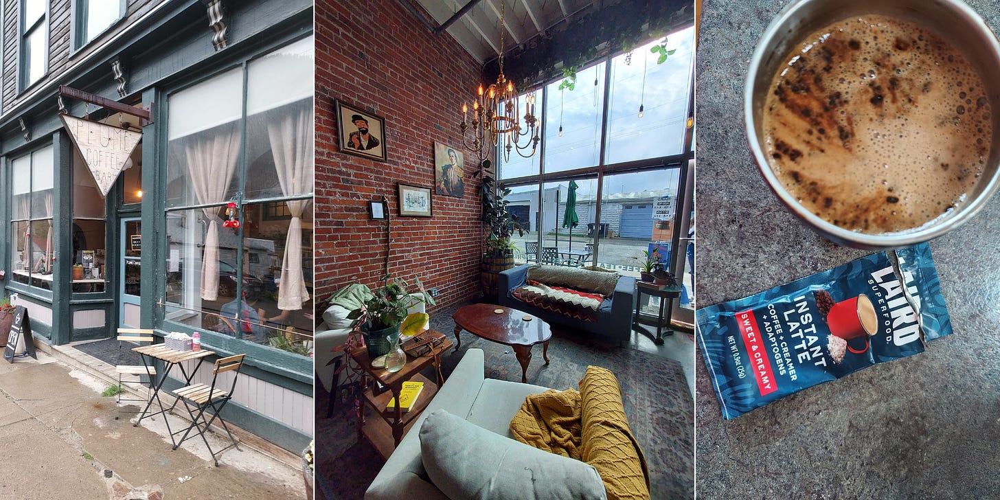 Three image collage from left: A vintage coffee shop facade with picture windows and a set of table of chairs out front, the inside of a coffee shop with a big brick wall and lounge couches in front of a floor to ceiling window, a torn blue packet of instant mushroom coffee lays on a slate counter top next to a hot cup of coffee seen from above.