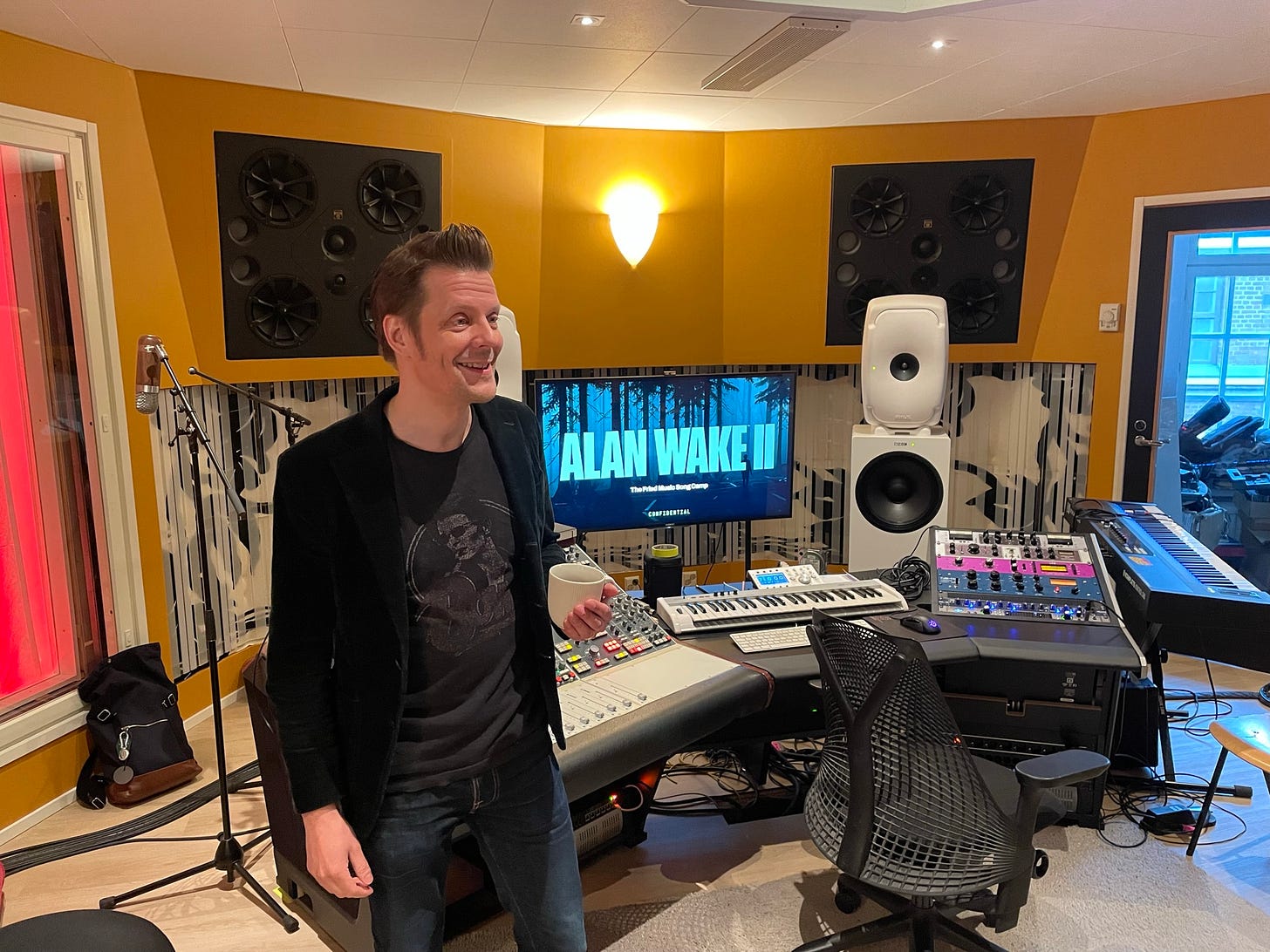 Remedy Entertainment Creative Director Sam Lake in a recording studio for Alan Wake 2: Chapter Songs