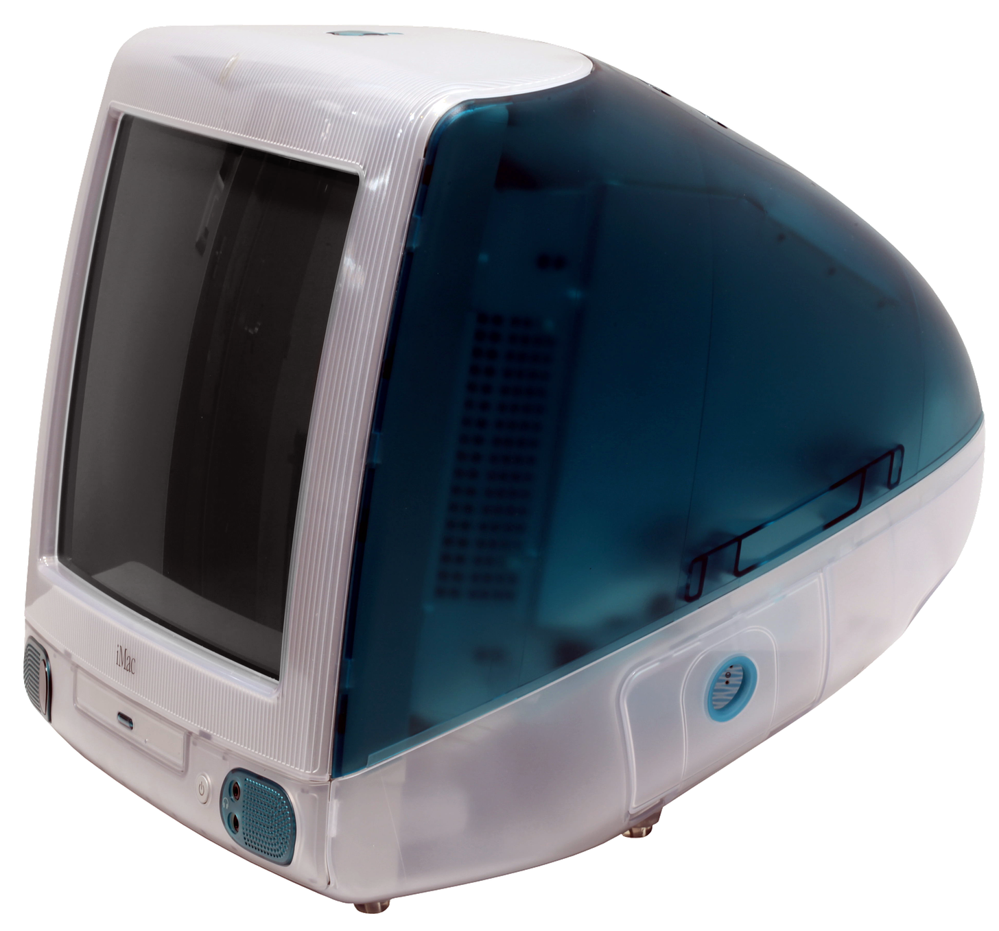 Three-quarters view of a bulbous, blue-and-white plastic computer. The front is dominated by a black computer screen, and tapers off in the back.