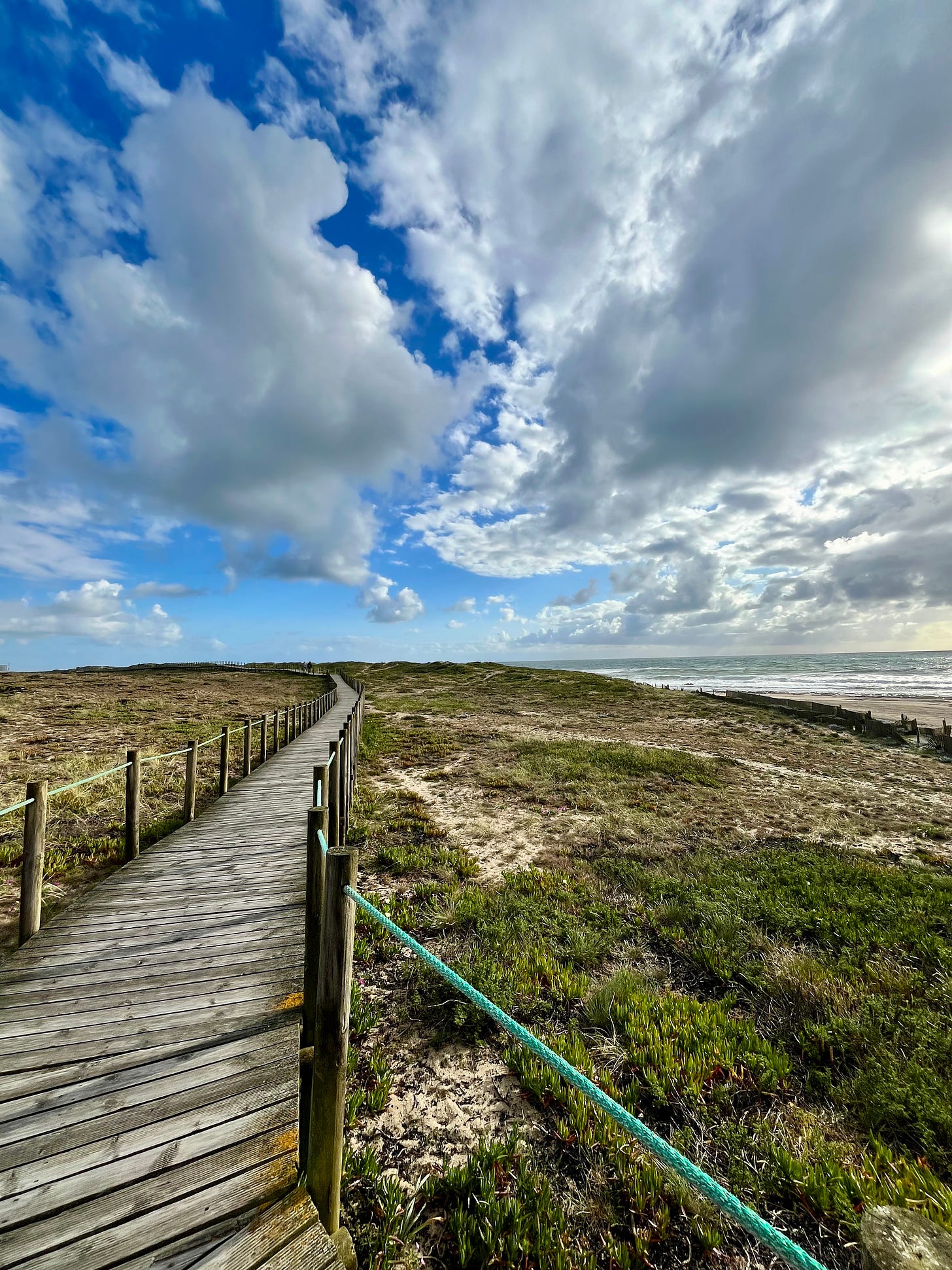 image: wooden board walk curving towards the horizon with the ocean on the right.