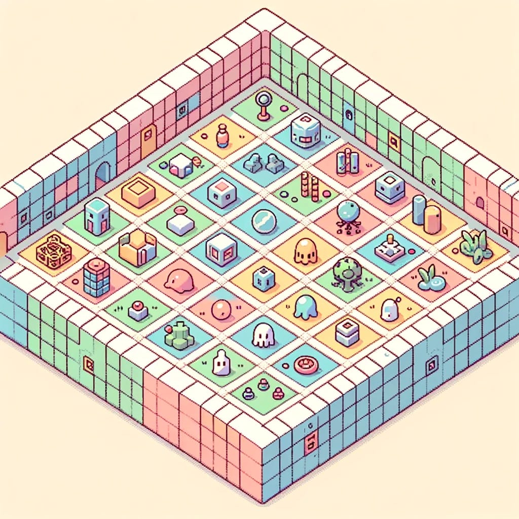 Illustration of a gridworld environment: A 10x10 grid with pastel colored squares. Some squares have walls, others have tokens, and a few squares have agent sprites. No text or labels.
