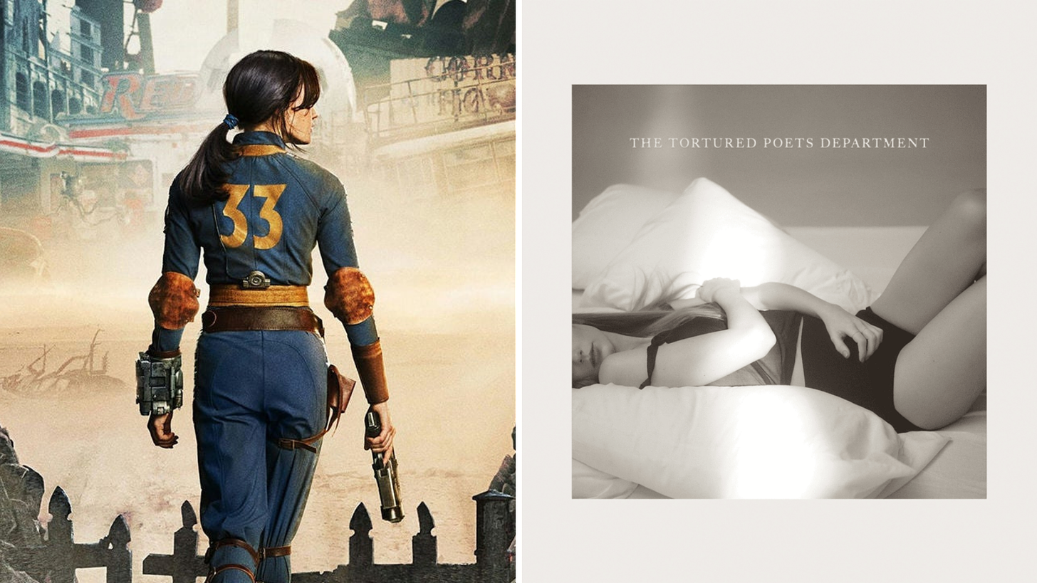 L: Lucy from Fallout emerging into a post-apocalyptic landscape. R: the Tortured Poets Department album cover