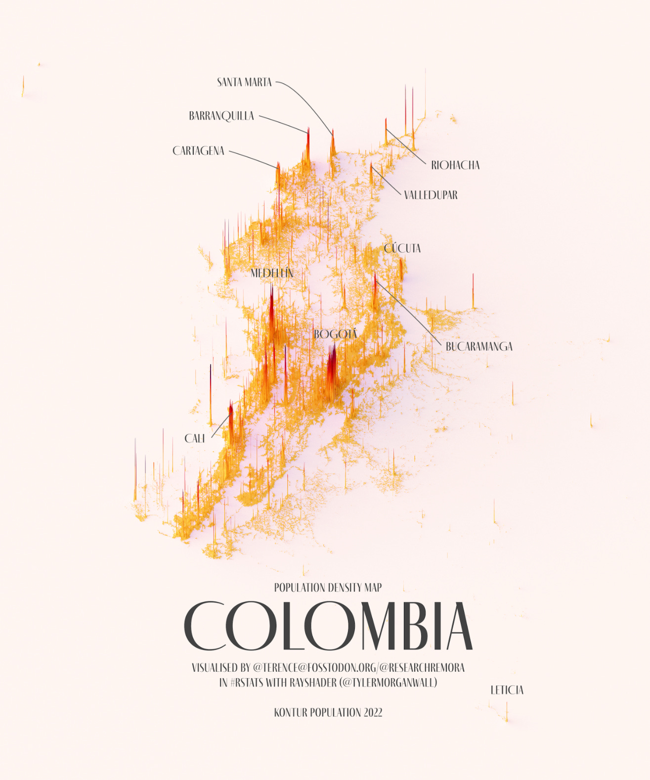 A population density map of Colombia