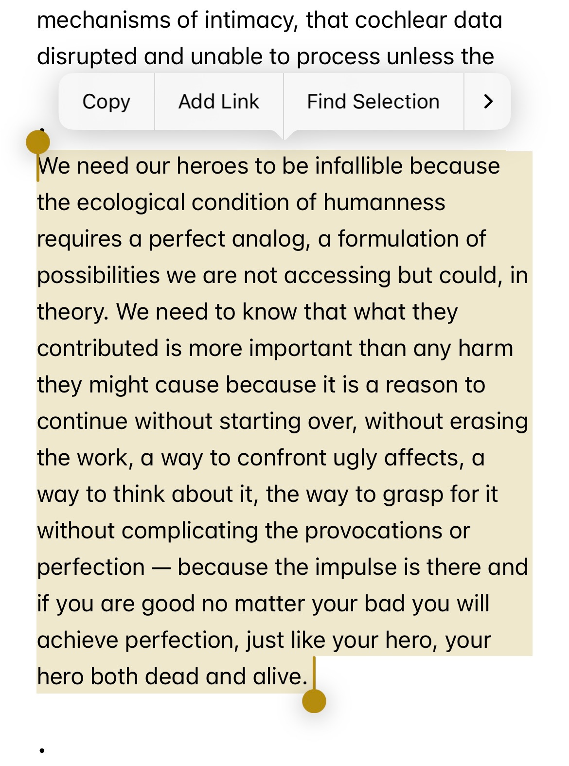 Screenshot of notes app on iPhone of black letters that say: We need our heroes to be infallible because the ecological condition of humanness requires a perfect analog, a formulation of possibilities we are not accessing but could, in theory. We need to know that what they contributed is more important than any harm they might cause because it is a reason to continue without starting over, without erasing the work, a way to confront ugly affects, a way to think about it, the way to grasp for it without complicating the provocations or perfection — because the impulse is there and if you are good no matter your bad you will achieve perfection, just like your hero, your hero both dead and alive. 