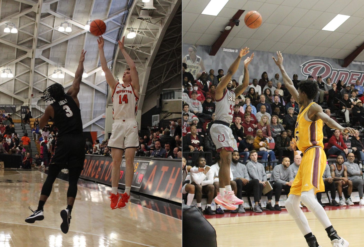 Princeton’s Matt Allocco (left, #14) and Rider’s Dwight Murray Jr. (right, #55) are leading red-hot teams into conference tournament week. (Photos by Adam Zielonka)