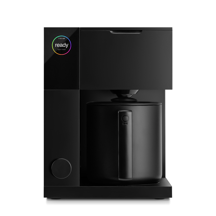 Fellows Aiden Precision Coffee Maker: sleek black, pour-over quality, digital display shows ready. - media