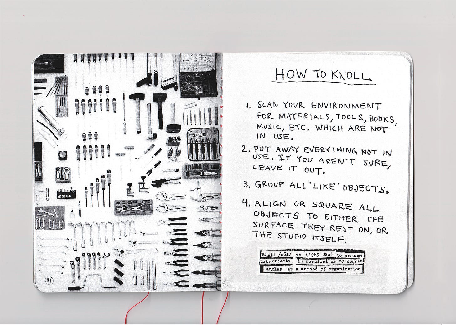 View from above of a Tom Sachs notebook filled with illustrations and writing