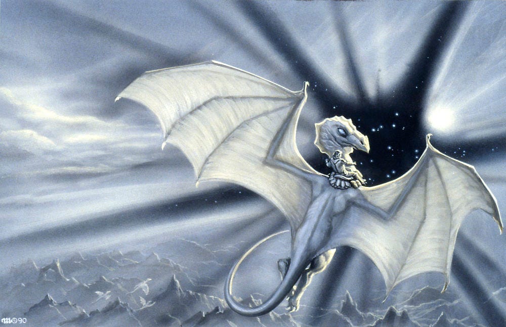 GOING BETWEEN (1990), Acrylic on Illustration Board - 9” x 13 ½”. Alternate concept for WEYRWORLD featuring a white dragon approaching a rift in space that opens above mountainous terrain