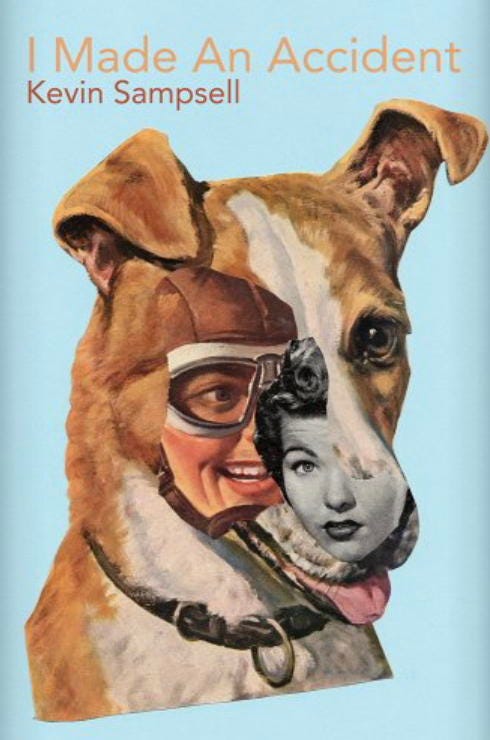 Book cover showing a collage of a dog's face with various parts of the face made up of cut-out pieces of people faces. "I Made an Accident" by Kevin Sampsell