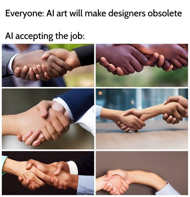 A graphic with the text "Everyone: AI will make art obsolete.", followed by the text "AI accepting the job:". This is followed by a series of ridiculously bad AI generated images of a handshake.