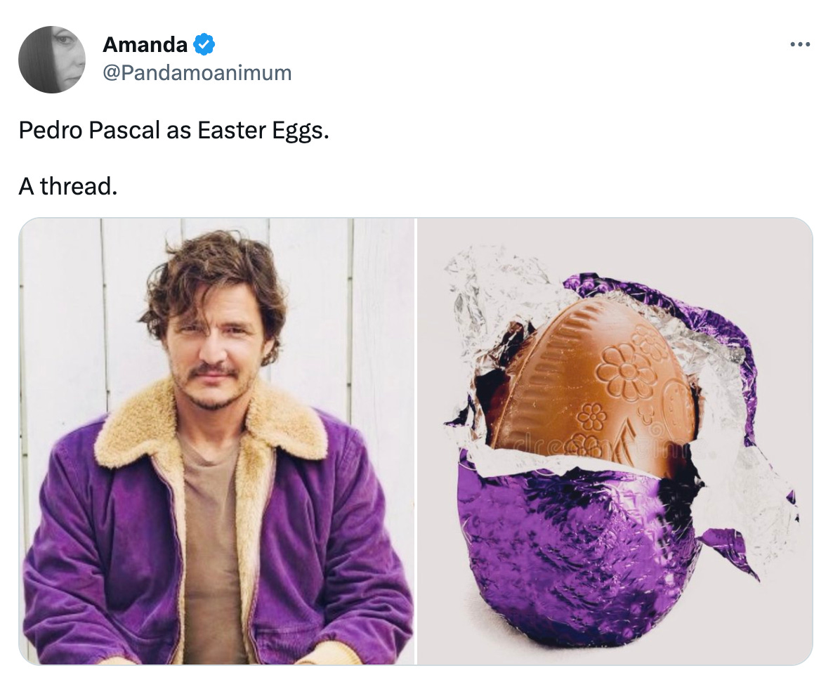 Tweet from Amanda (@Pandamoanimum) reading "Pedro Pascal as Easter Eggs. A thread" -- there are two images, one of Pedro Pascal in a dark purple jacket over a brown shirt and the other is a chocolate egg with a slightly torn open dark purple wrapper.