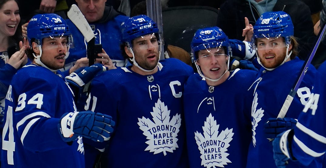 A picture of Auston Matthews, John Tavares, Mitch Marner and William Nylander in their Maple Leafs uniform