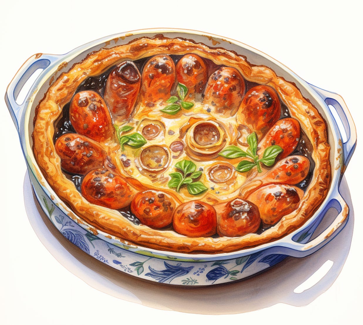 a water color of the British meal, Toad In the Hole, in a round, blue, ceramic dish