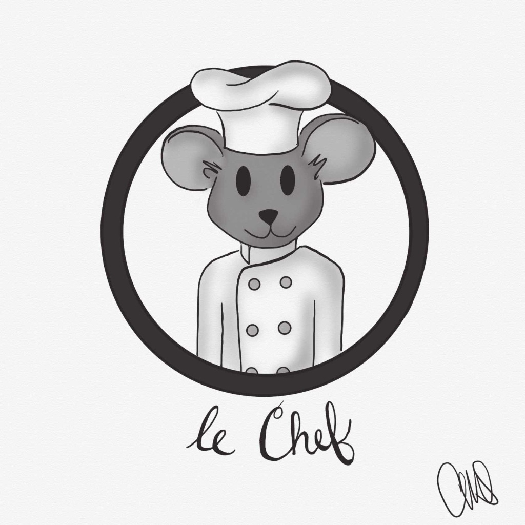 black and white digital drawing of a grey mouse popping out of a circle. the mouse is wearing a chef hat and coat and below the circle is hand written text that reads “le Chef”.