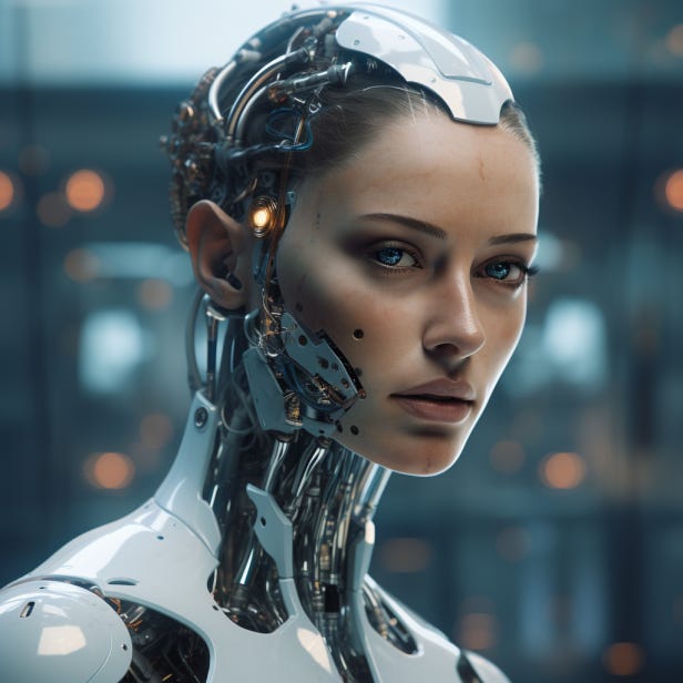 A female cyborg with a beautiful, biological face and sleek, technological body.