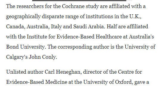 Article snippet stating that Carl Heneghan is an unlisted author on the Cochrane mask review