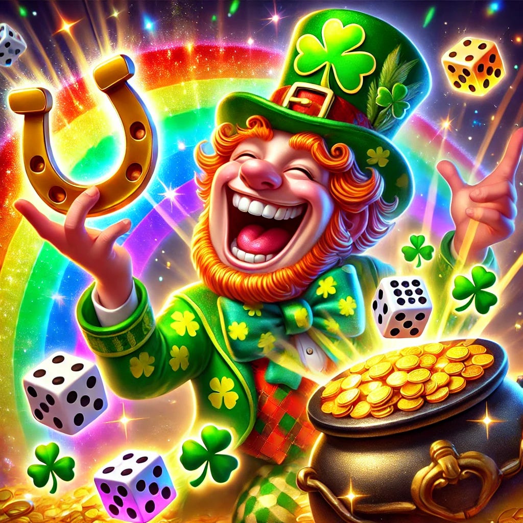 A lively and exaggerated caricature representing the concept of 'Get Lucky.' The character is a joyful figure, wearing a vibrant outfit with a clover pattern, a golden top hat, and holding a shining horseshoe. The background features a bright, glowing rainbow, a pot of gold at the end, and dice rolling across the scene, all surrounded by sparkling stars and confetti. The overall style is whimsical and celebratory, emphasizing fortune, positivity, and fun. A lively and exaggerated caricature representing the concept of 'Get Lucky.' The character is a joyful figure, wearing a vibrant outfit with a clover pattern, a golden top hat, and holding a shining horseshoe. The background features a bright, glowing rainbow, a pot of gold at the end, and dice rolling across the scene, all surrounded by sparkling stars and confetti. The overall style is whimsical and celebratory, emphasizing fortune, positivity, and fun.