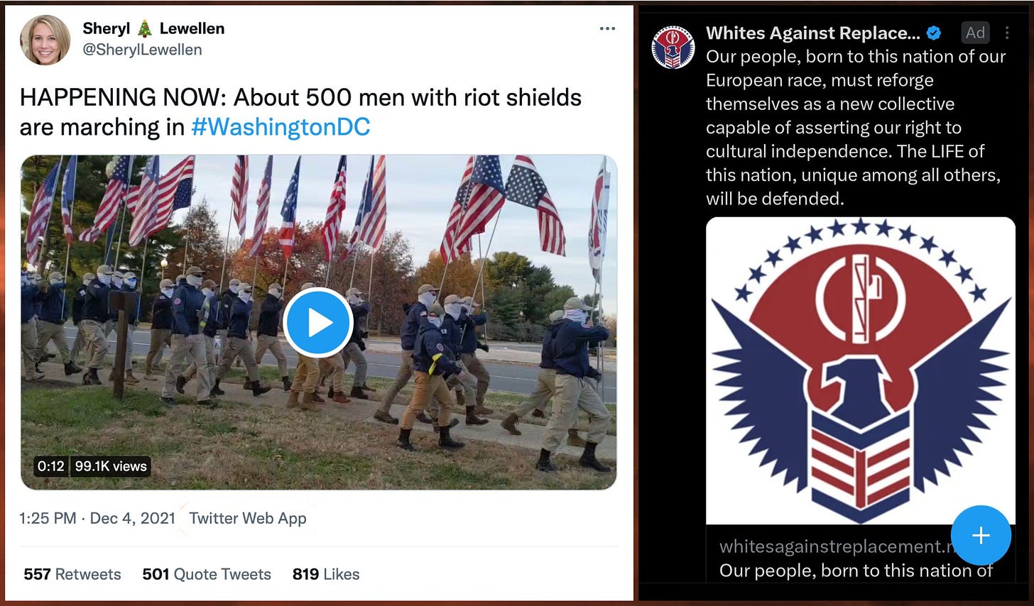 a screenshot of a December 2021 @SherylLewellen posts containing a video of a PatriotFront march in DC, and a screenshot of a September 2024 ad for Patriot Front from @rd1vonn