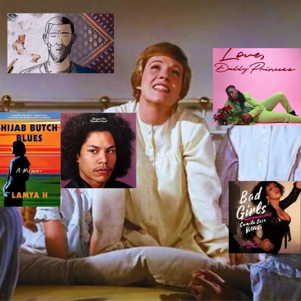 Screenshot of scene from The Sound of Music featuring images of the film Flee (2021), Shuggie Otis, Love, Daddy Princess album cover, Hijab Butch Blues by Layma H. and Bad Girls by Camila Sosa Villada