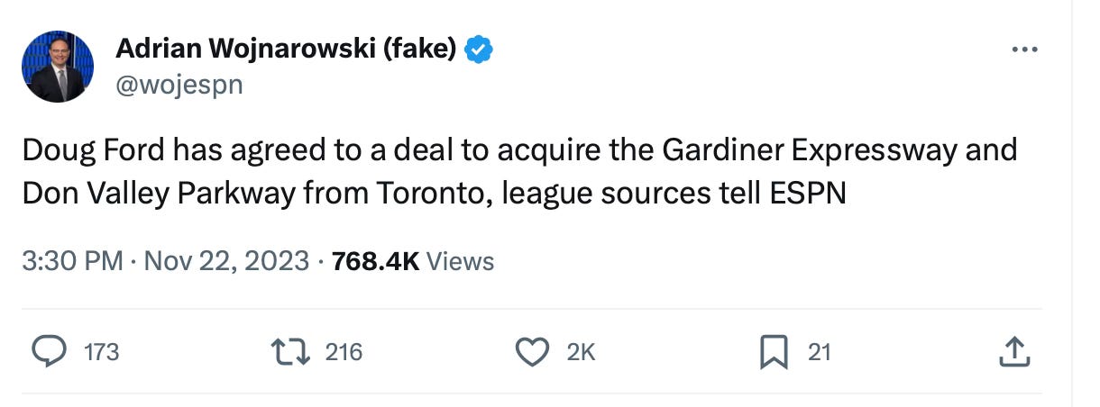 A fake tweet in the style of NBA reporter Adrian Wojnarowski, detailing Doug Ford's trade to acquire the Gardiner and DVP