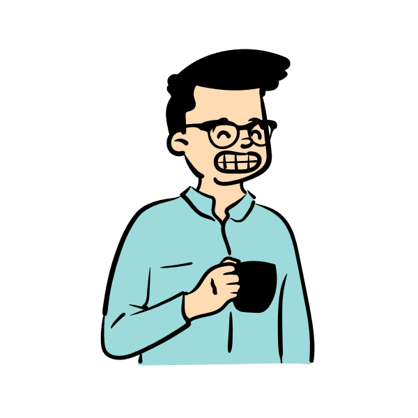 Teacher smiling with short hair, glasses, and a cup of coffee