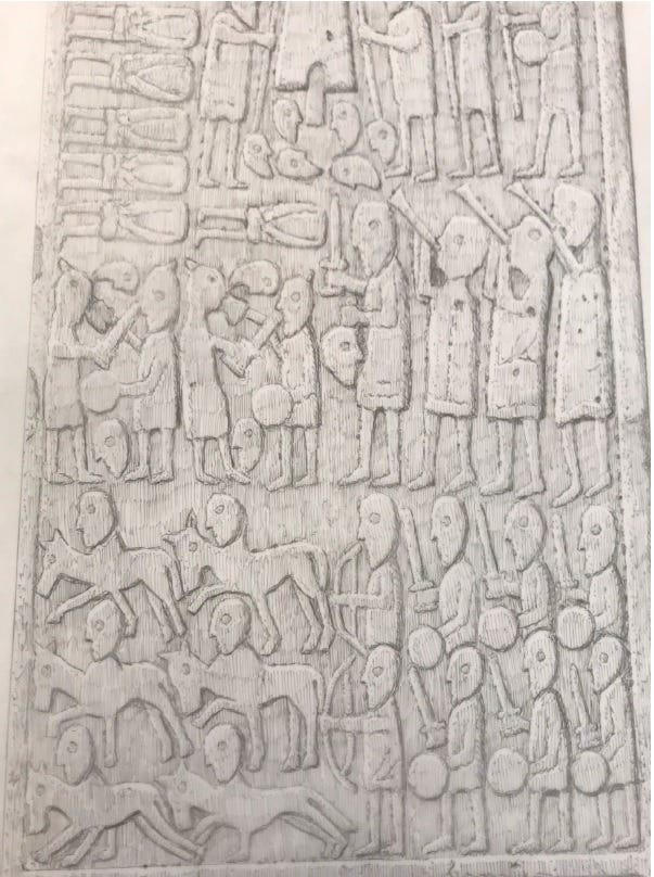 A pencil drawing of a detail from Sueno's Stone, showing headless bodies and severed heads arranged below the mystery object, while warriors fight in close combat below, and three trumpeters play.