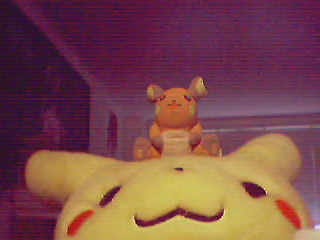 An old photograph of Tim’s Raichu and giant Pikachu plushies