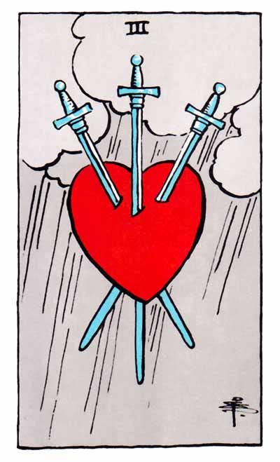 Tarot 3 of Swords by Pixie Smith. Three swords stab through a brilliant red heart, forming a tripod-like shape. Above the heart, grey storm clouds gather to rain down.