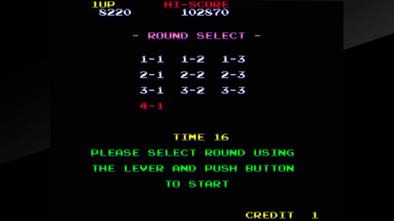 A screenshot of the level select screen from Burning Force, which you only have access to after starting on a new credit after losing all of your lives. It just shows the rounds to choose from (1-1, 1-2, 1-3, etc.), minus the bonus rounds.