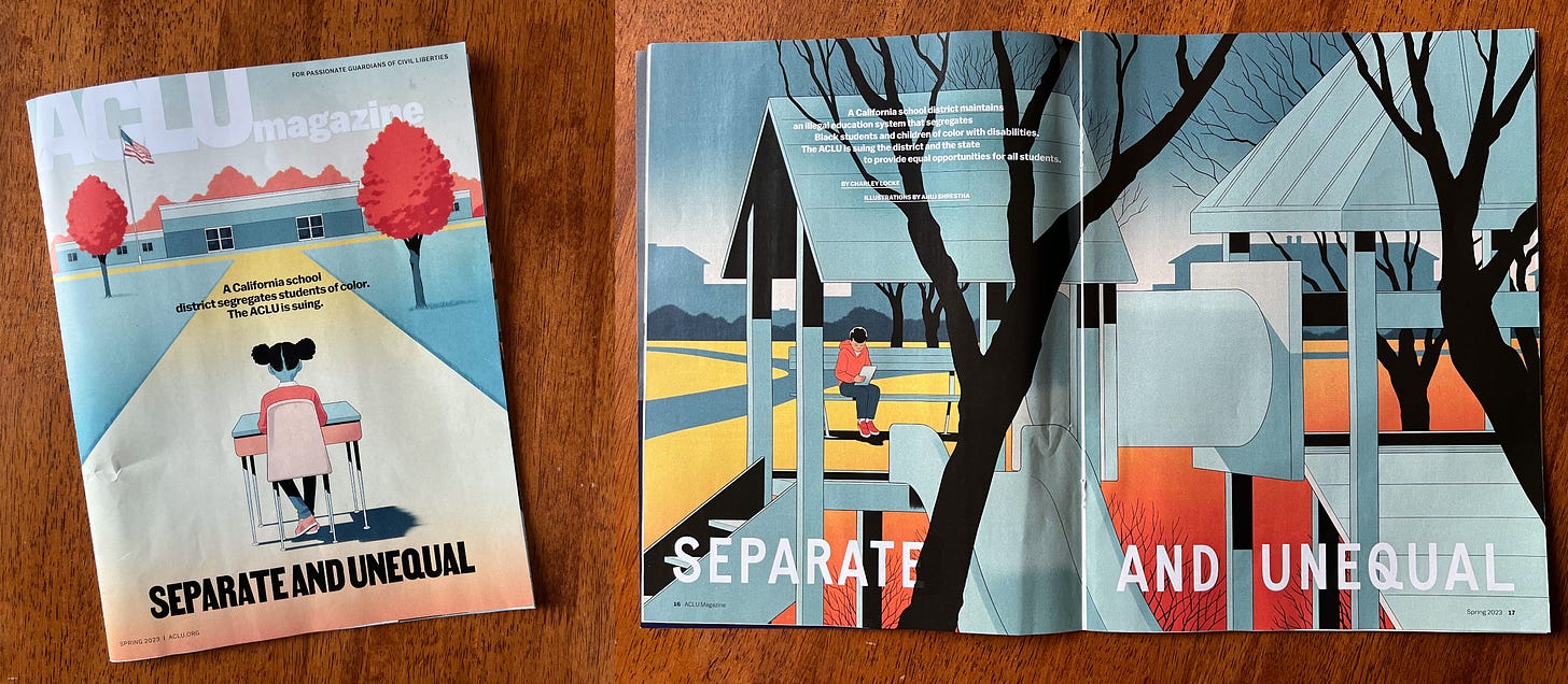 a photo of the cover of ACLU Magazine and a photo of inside pages of ACLU Magazine, reading "Separate and Unequal"